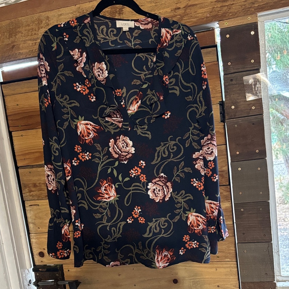 LOFT Navy Floral V-Neck Long Sleeve Top with Pink and Green Accents